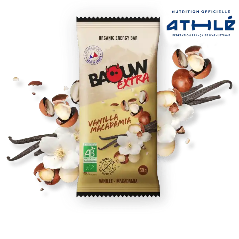 Tehdashinta BAOUW BIO EXTRA Vanilja-Macadamia (50 g) -energiapatukka